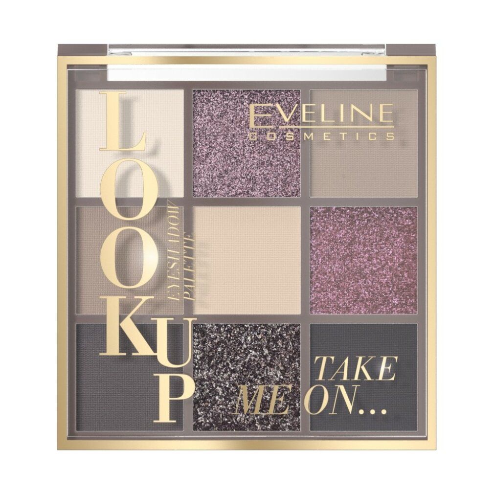 Lidschatten-Palette mit neun Farbtönen. Marke Eveline Cosmetics. Quadratische Form mit transparentem Deckel und goldenem Rahmen.