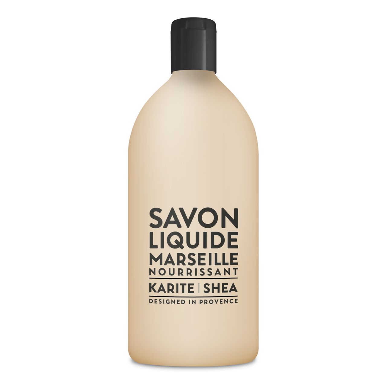 Beige Flüssigseife-Nachfüllflasche mit schwarzem Deckel. Text: Savon Liquide Marseille Nourrissant Karité | Shea.