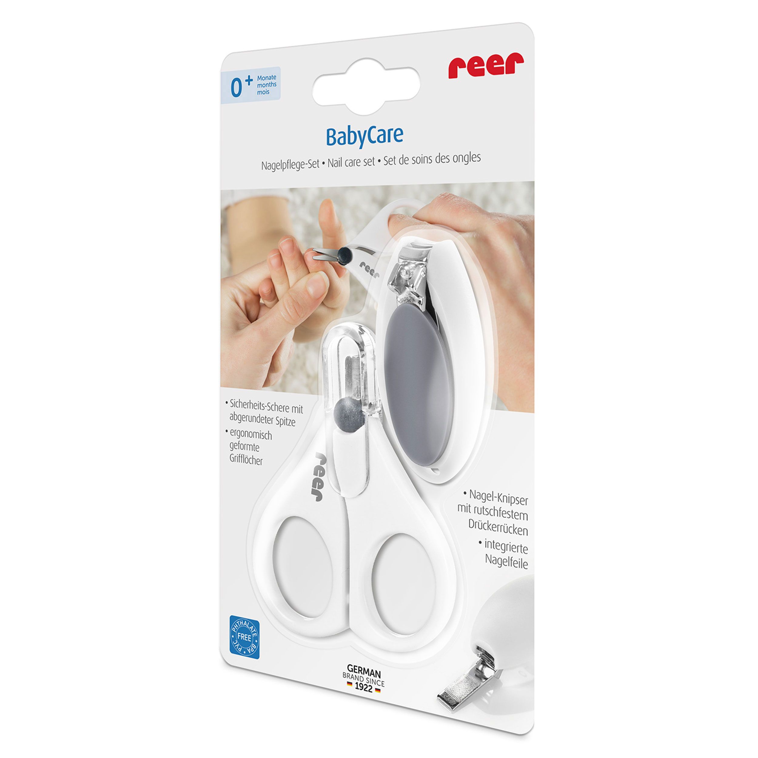 BabyCare Nagelpflege-Set in Verpackung. Enthält Nagelschere und Nagelknipser. Marke: reer.
