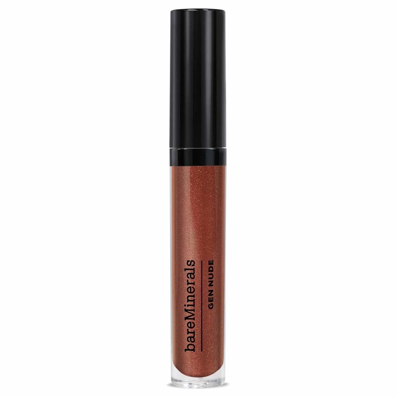 Lippenlack-Tube mit schwarzem Deckel. Aufschrift: bareMinerals, GEN NUDE. Farbton: Braun-Metallic.