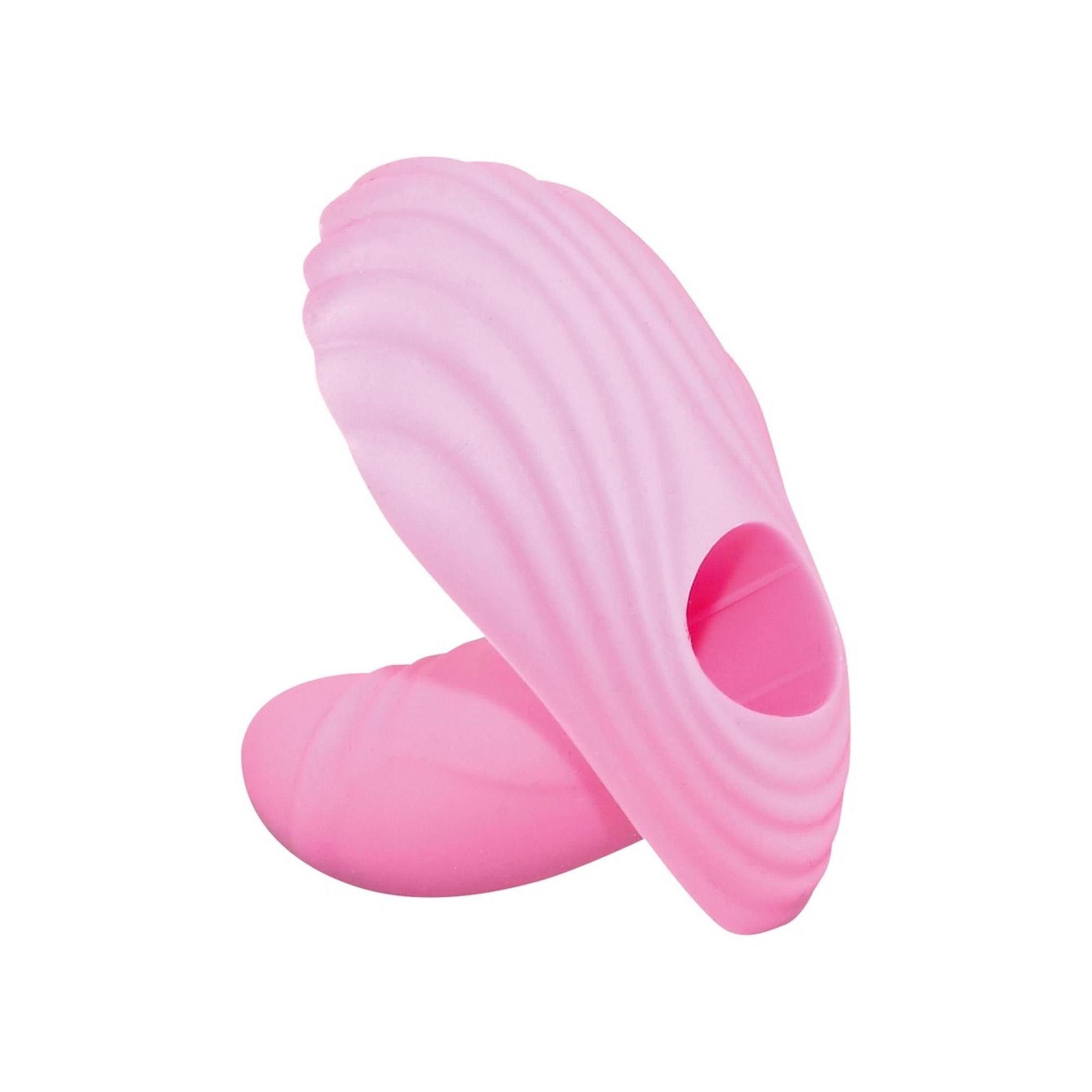 Rosa Vibrator. Zwei Teile, muschelförmig. Mit Schlaufe. Keine weiteren Details.