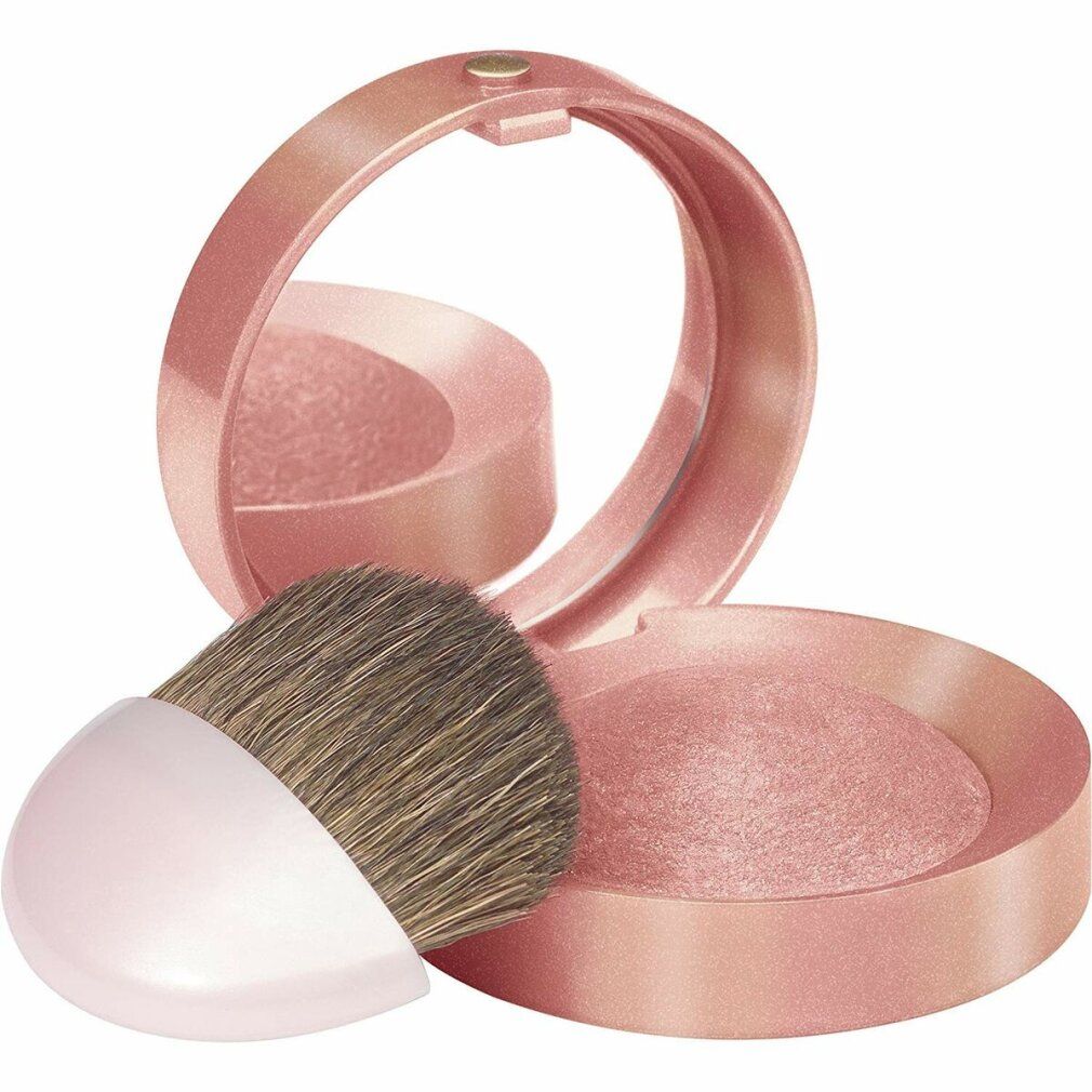 Geöffneter Bourjois Fard Blush Joues. Rosa Puder, Spiegel und Pinsel mit rosa Griff. Deckel mit Schriftzug.