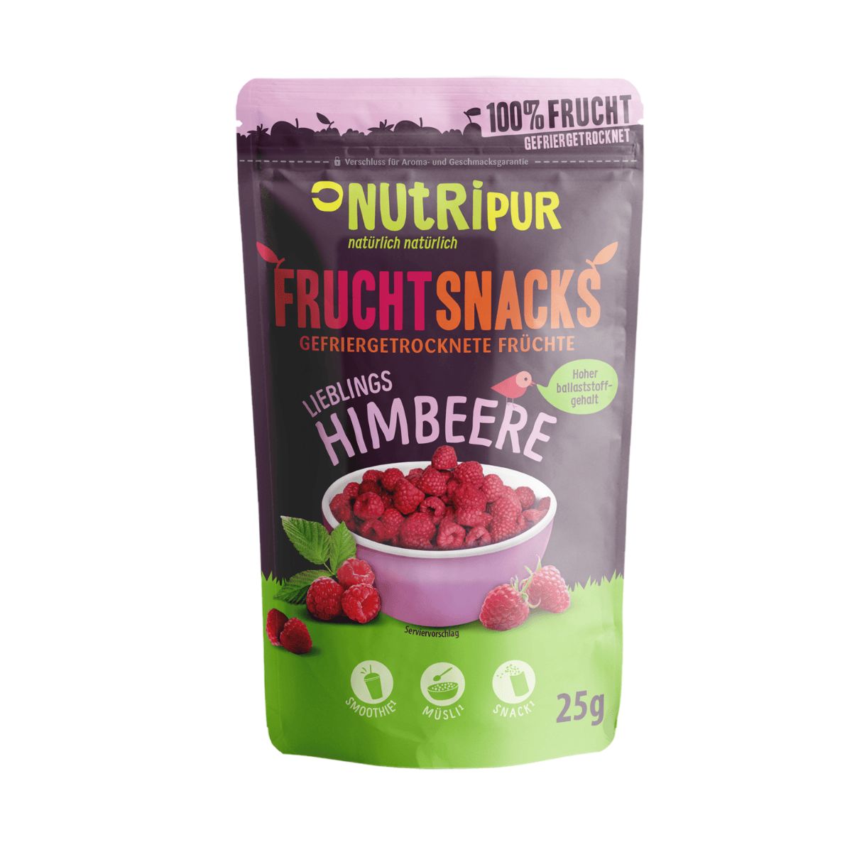 Beutel mit gefriergetrockneten Himbeeren. Aufschrift: NutriPur, Frucht Snacks, Himbeere, 25g. Abbildung von Himbeeren in einer Schale.