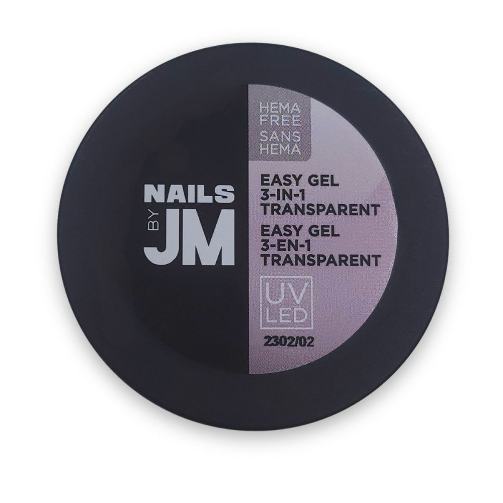 Runde, schwarze Dose. Aufschrift: NAILS BY JM, EASY GEL 3-IN-1 TRANSPARENT, HEMA FREE. UV LED-Logo.