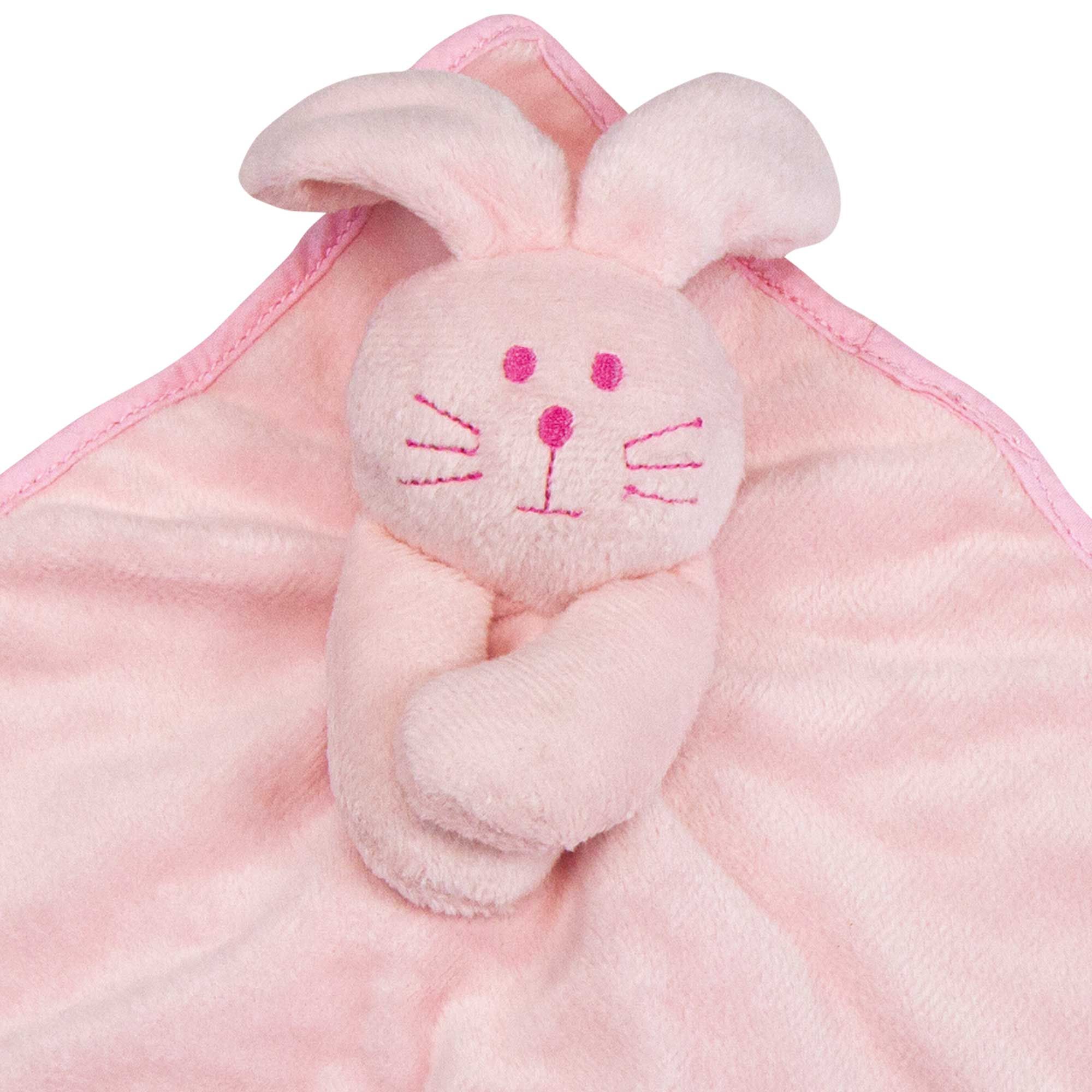 Rosa Babyplüsch-Kuscheltier Hase mit Gesicht und Ohren. Detailaufnahme.