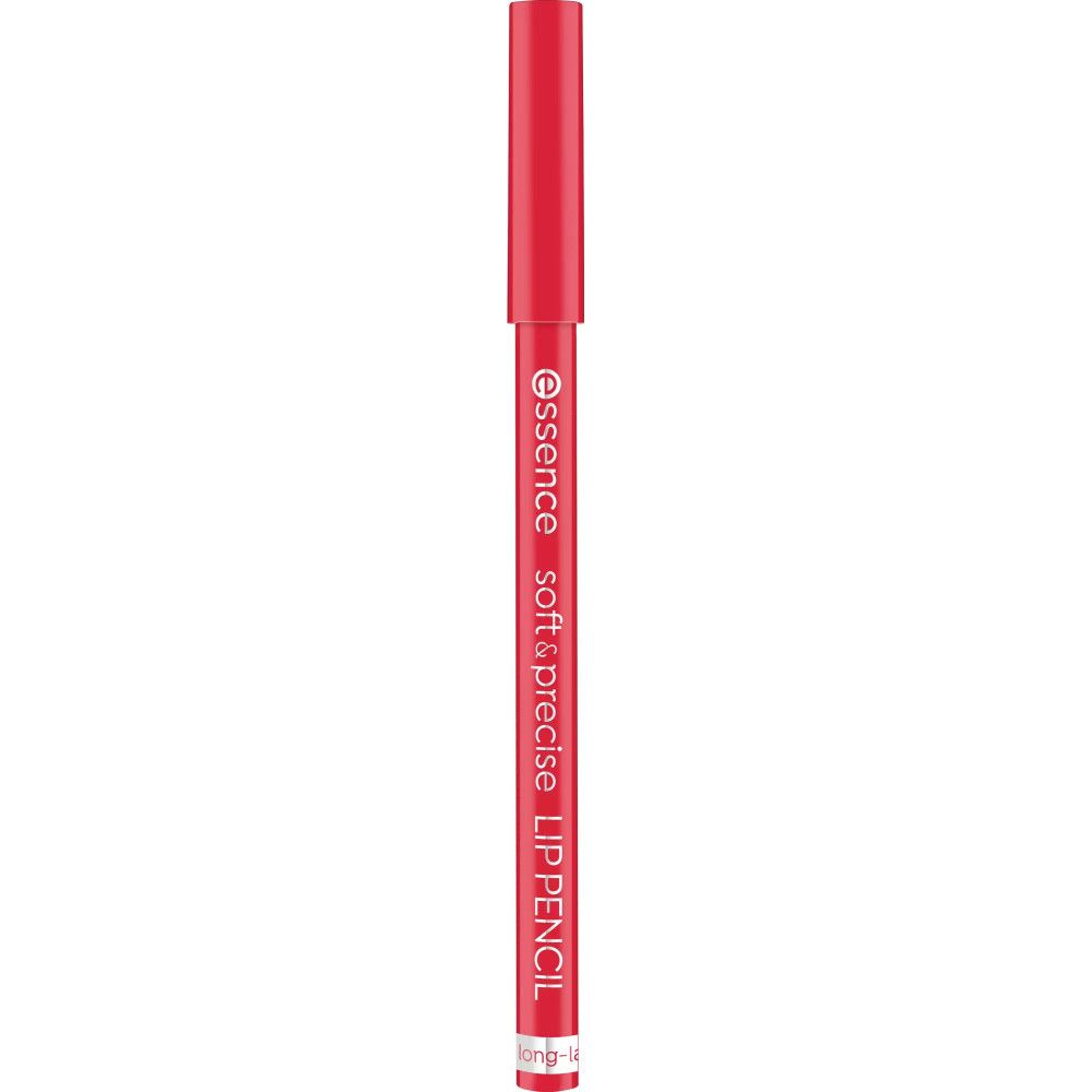 Roter Lippenkonturenstift. Aufschrift: Essence, Soft & Precise, LIP PENCIL. Spitze und Stiftende sind rot.