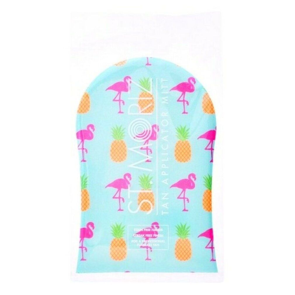 Applikator-Handschuh in Plastikverpackung. Blauer Handschuh mit Flamingo- und Ananas-Muster und ST. MORIZ-Logo. Für streifenfreie Bräune.