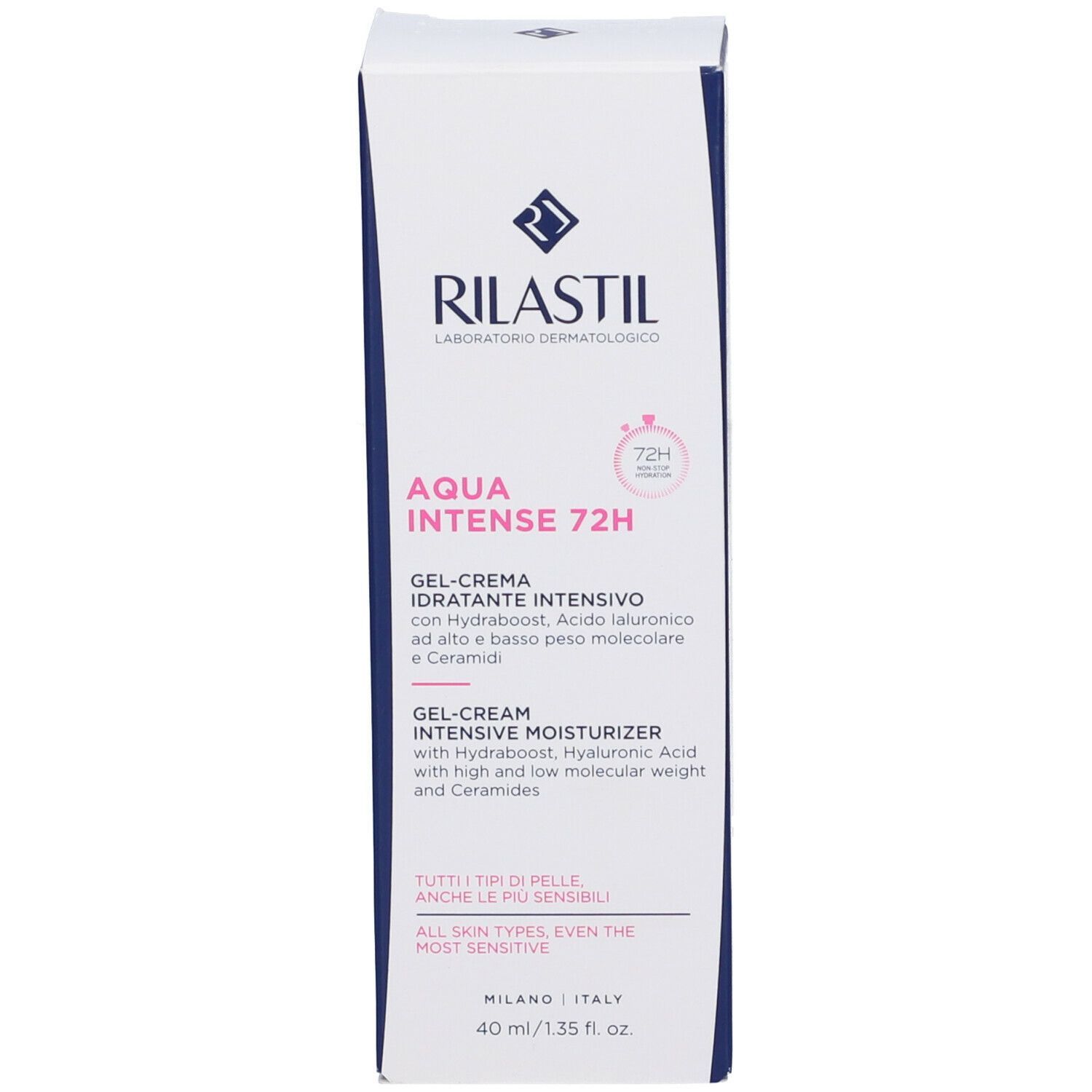 Rilastil Aqua Intense 72H Gel-Cream Intensive Moisturizer Verpackung. Enthält Hydraboost, Hyaluronsäure und Ceramide. 40 ml.