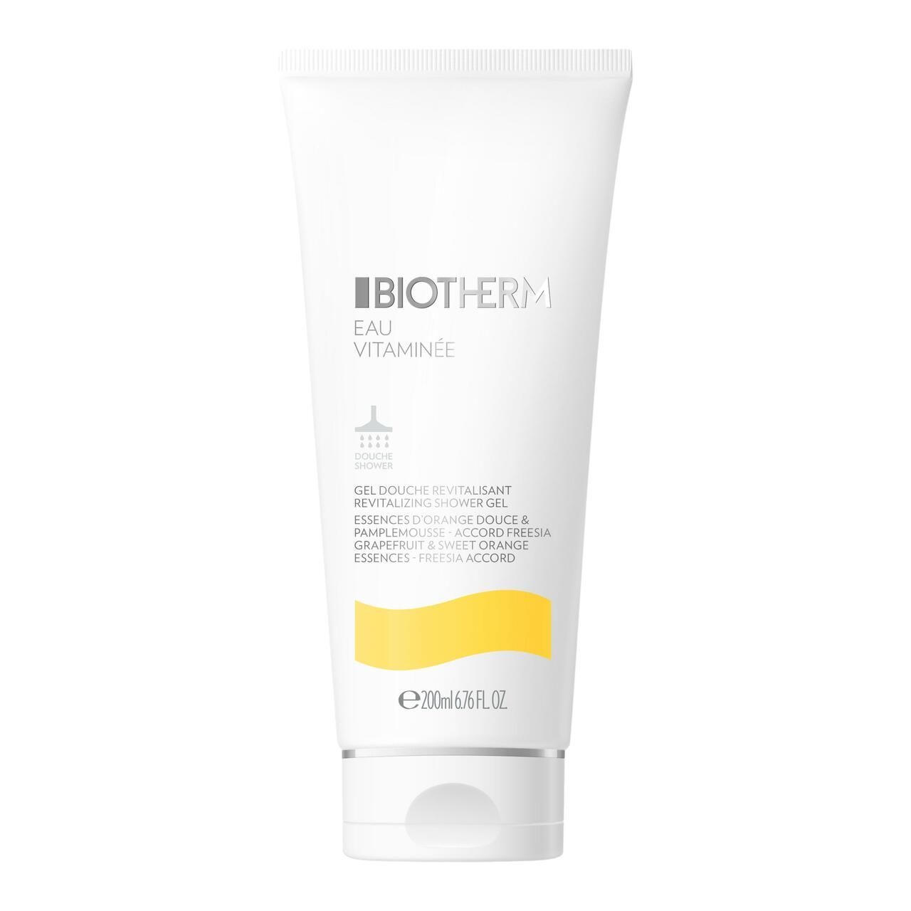 Weißes Duschgel-Tuben mit gelbem Akzent. BIOTHERM Eau Vitaminée. 200ml.