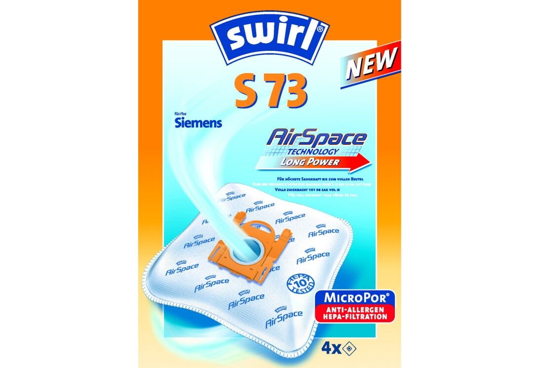Die Verpackung zeigt Swirl S 73 MP Plus AirSpace Staubsaugerbeutel. Auf der Verpackung sind die Logos von Swirl und Siemens zu sehen. Die Beutel haben eine AirSpace-Technologie und eine MicroPor Anti-Allergen HEPA-Filtration. Die Packung enthält 4 Beutel.