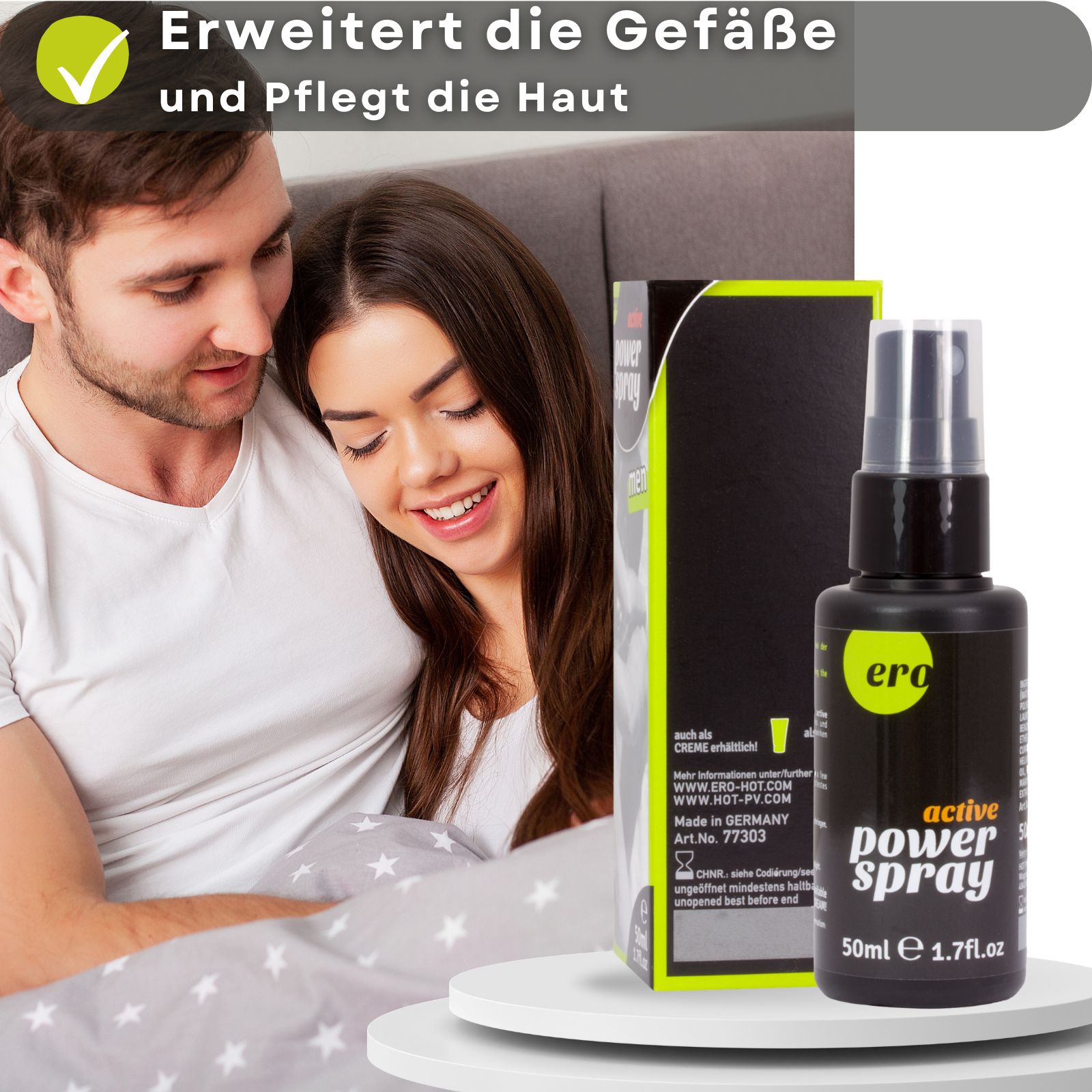Produkt und Verpackung. Text: Ero, active power spray men. 50ml, 1.7 fl oz. Paar im Hintergrund. Checkmark-Symbol.