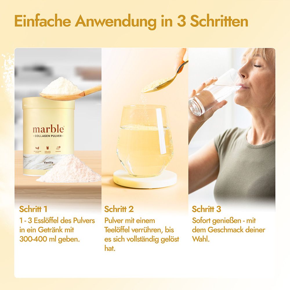 Anwendung in 3 Schritten: Pulver in Getränk geben, verrühren, genießen. Dose "marble" Collagen Pulver.