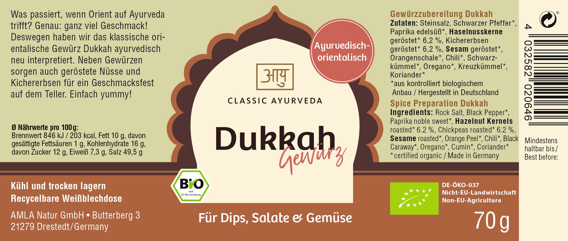 Etikett mit Text und Logo. Aufschrift: Dukkah Gewürz, Classic Ayurveda, Bio-Siegel. Text: Für Dips, Salate & Gemüse. Mit Zutatenliste.