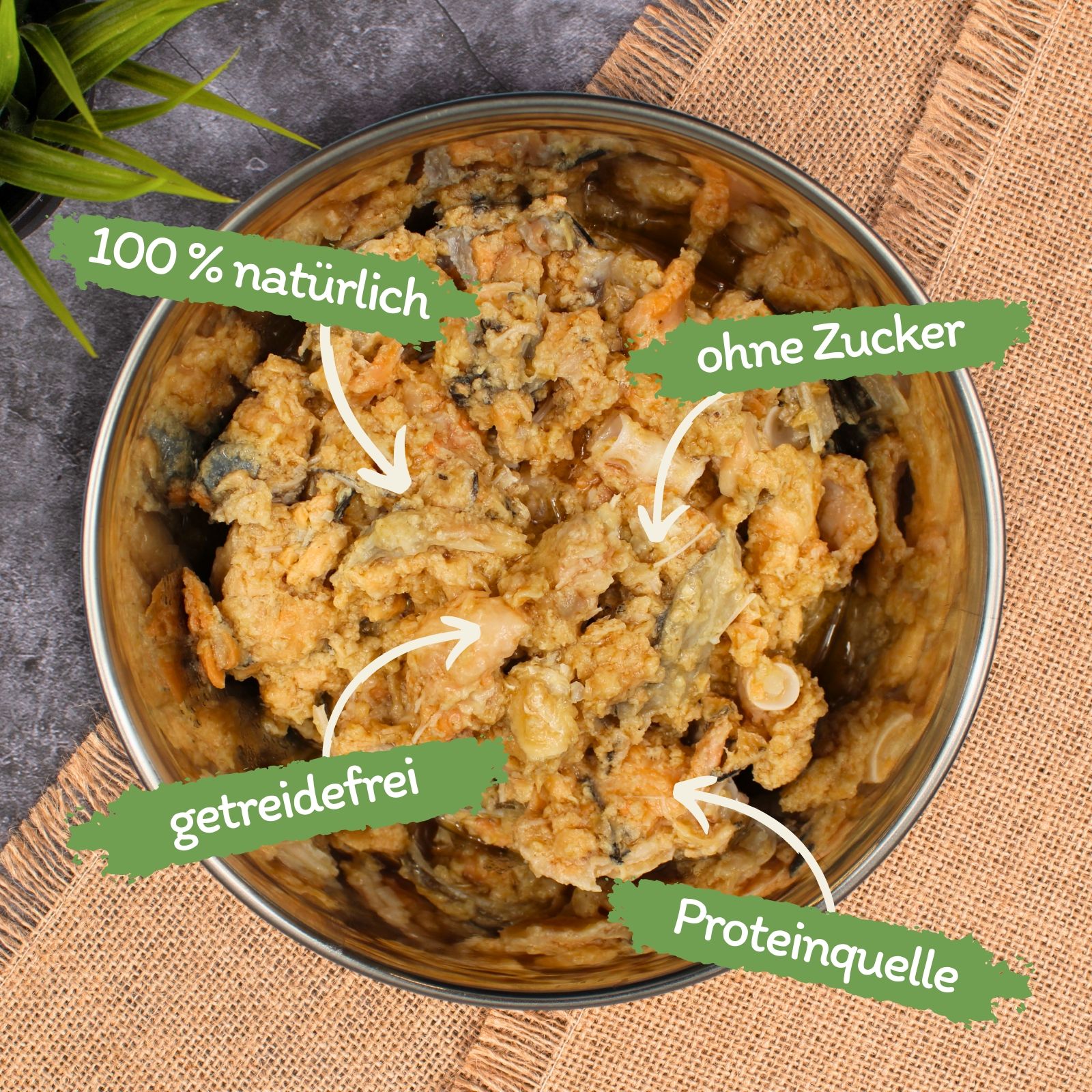 Hundefutter in Edelstahlnapf: 100% natürlich, getreidefrei, ohne Zucker, Proteinquelle.