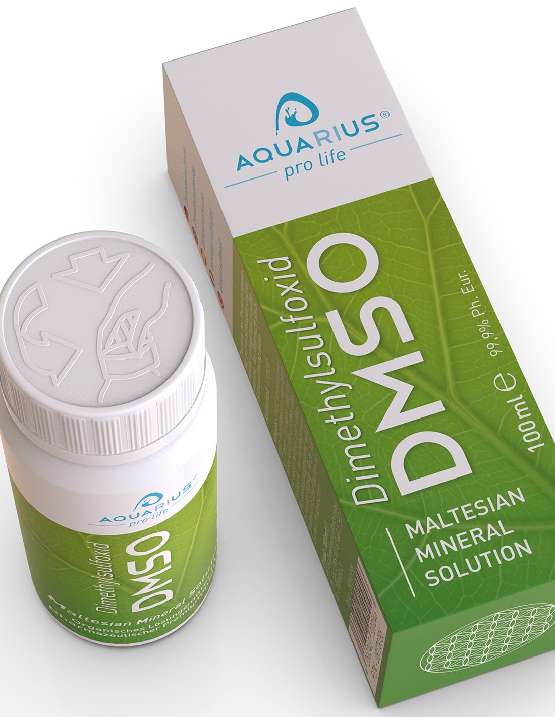 Confezione del prodotto con flacone e scatola. Scritta: DMSO, Dimetilsolfossido, AQUARIUS pro life. 99,9% Ph. Eur. Soluzione minerale maltese.