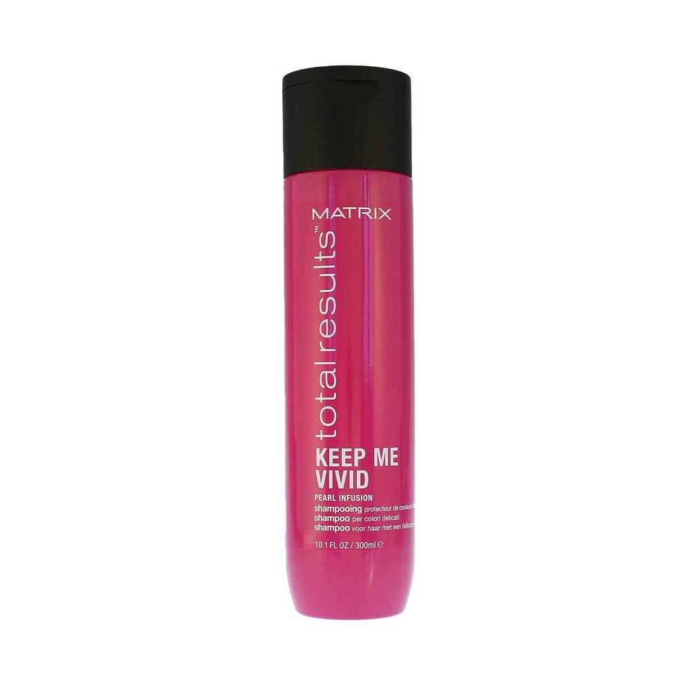 Rosa Shampoo-Flasche mit schwarzem Deckel. Aufschrift: Matrix Total Results Keep Me Vivid. Für coloriertes Haar.