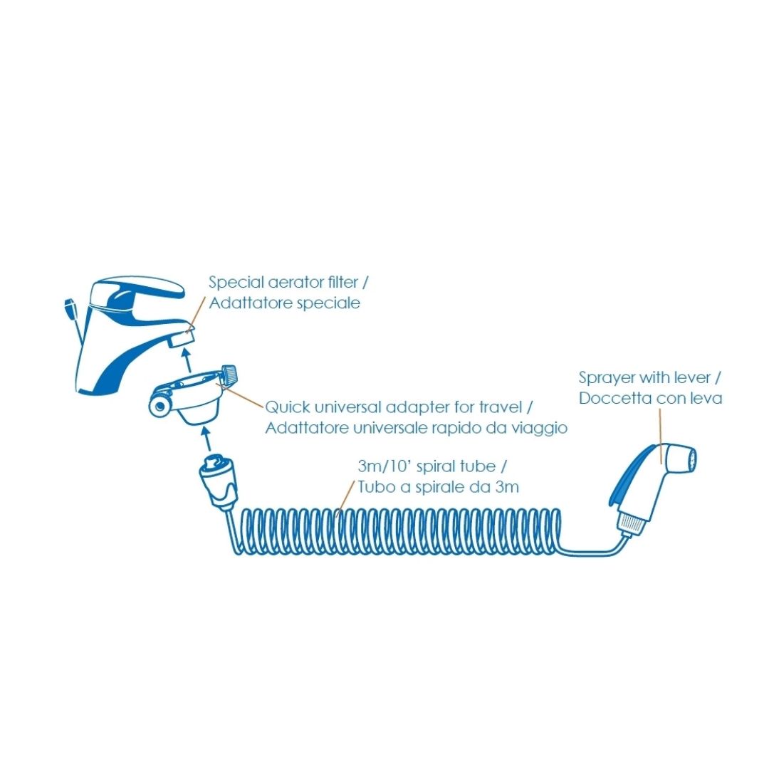 Disegno tecnico di doccetta bidet portatile. Componenti: doccetta, tubo, adattatore, attacco rubinetto.