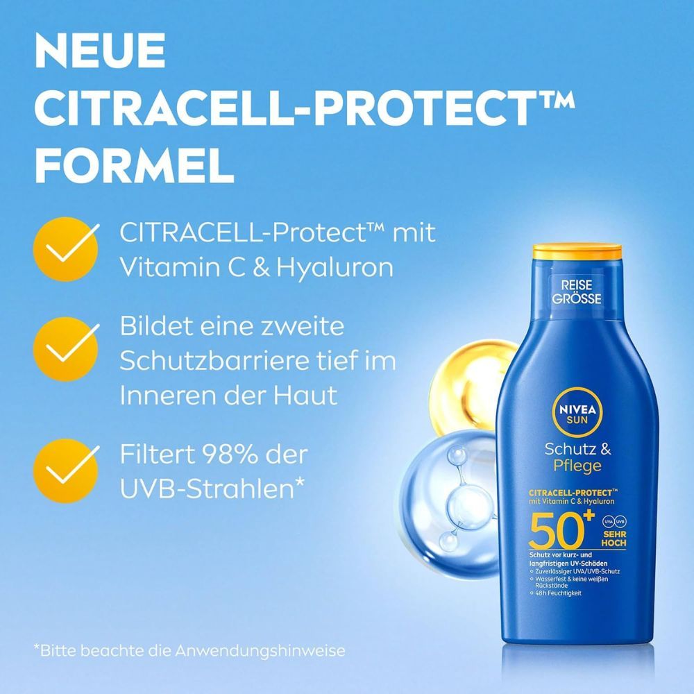 Sonnenlotion-Flasche mit Text: Neue CitraCell-Protect Formel. Schützt vor UV-Strahlen. Mit Vitamin C & Hyaluron. 50+ Sehr hoher Schutz.