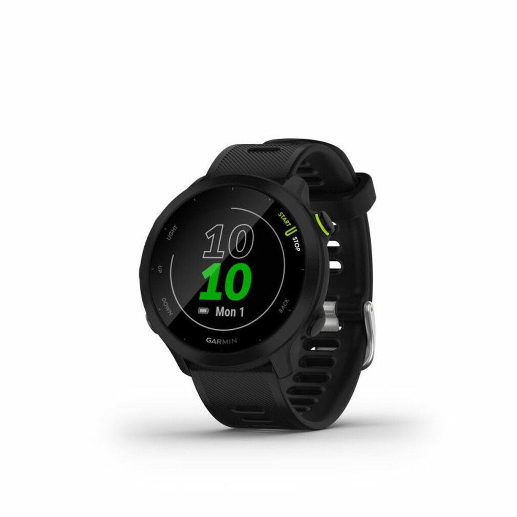Schwarze Smartwatch mit rundem Zifferblatt. Zeigt Uhrzeit und Datum an. Marke Garmin.