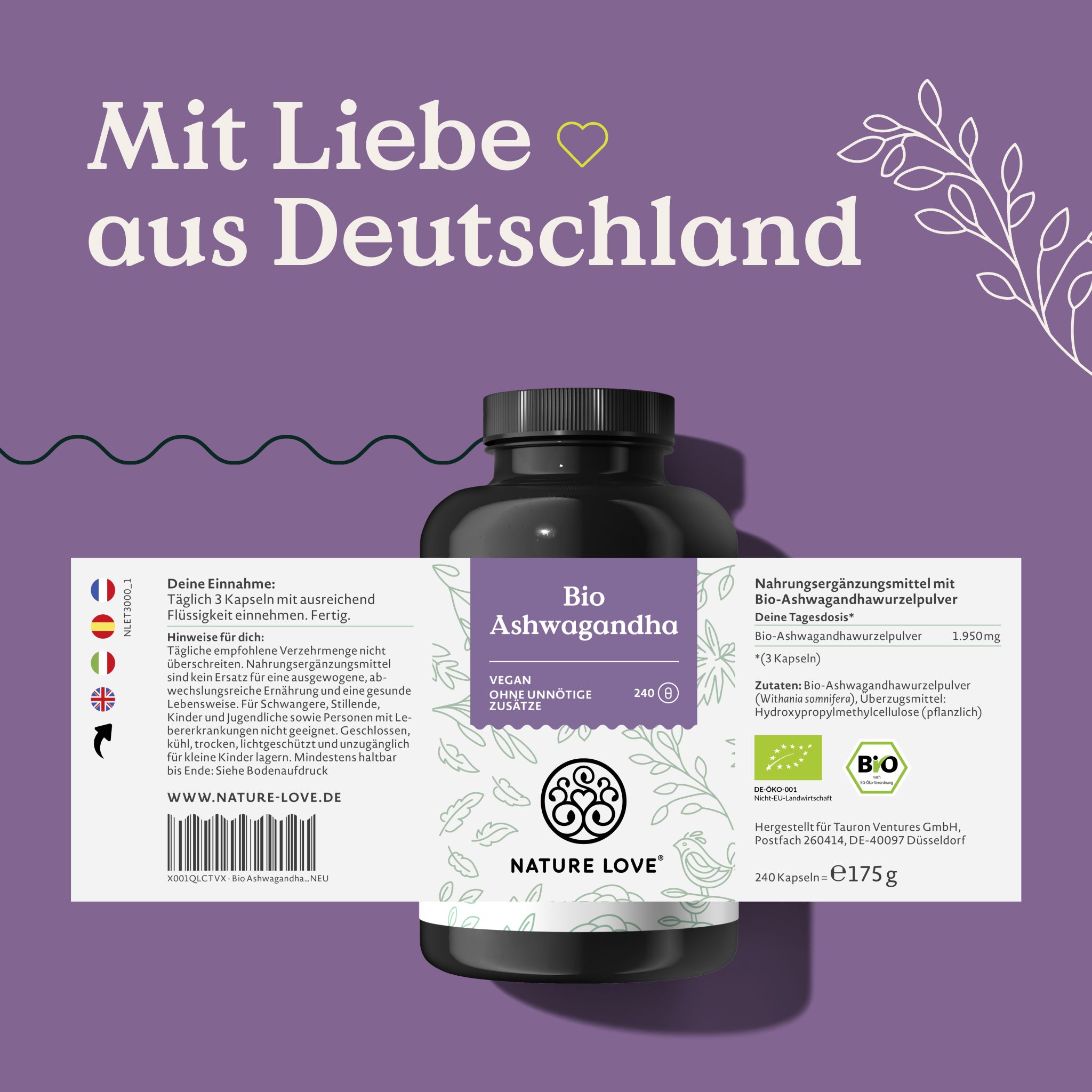 Dunkle Flasche mit ausgeklapptem Etikett. Text: Bio Ashwagandha, vegan, ohne Zusätze. Aufschrift: NATURE LOVE®. Mit Liebe aus Deutschland.