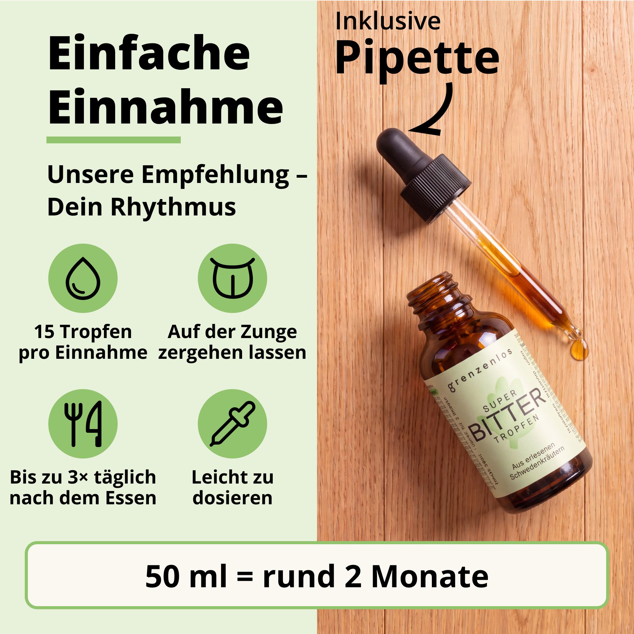 Flasche Super Bitter Tropfen mit Pipette. Text 'Einfache Einnahme' und '50 ml = rund 2 Monate'.