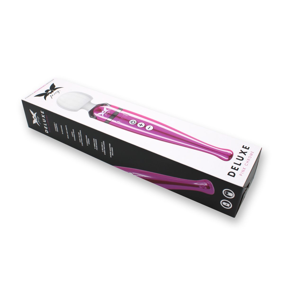 Verpackung eines pinken Massage-Wands, schräg von vorne.