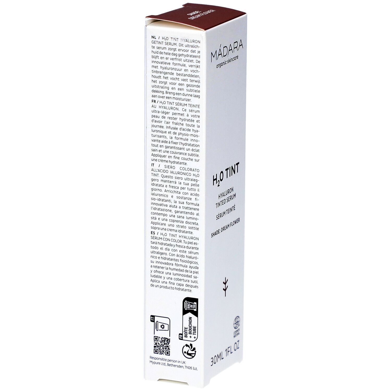 Produktverpackung mit Text. H2O Tint Hyaluron getöntes Serum. Inhaltsstoffe, Anwendungshinweise und Zertifizierungen. 30ml.