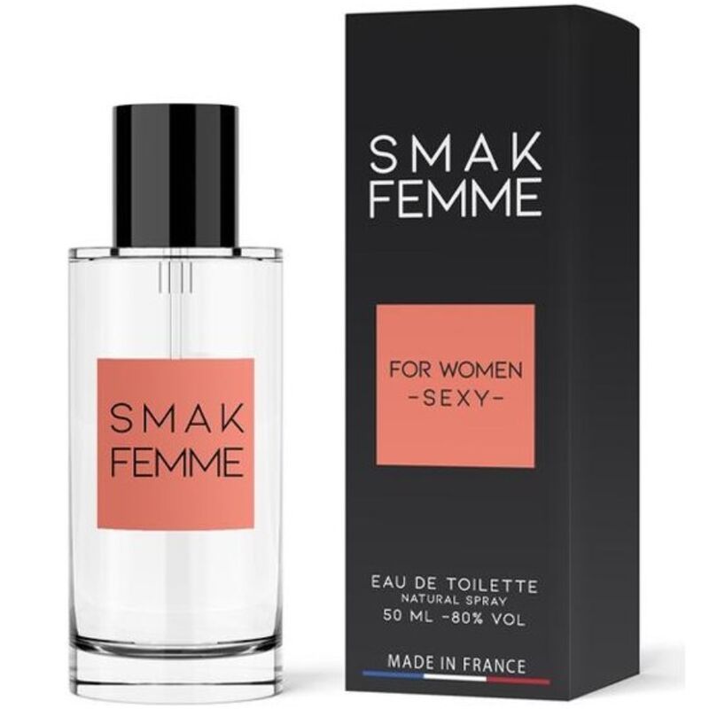 Flakon und Verpackung. Flakon mit "SMAK FEMME". Verpackung mit "FOR WOMEN - SEXY-".