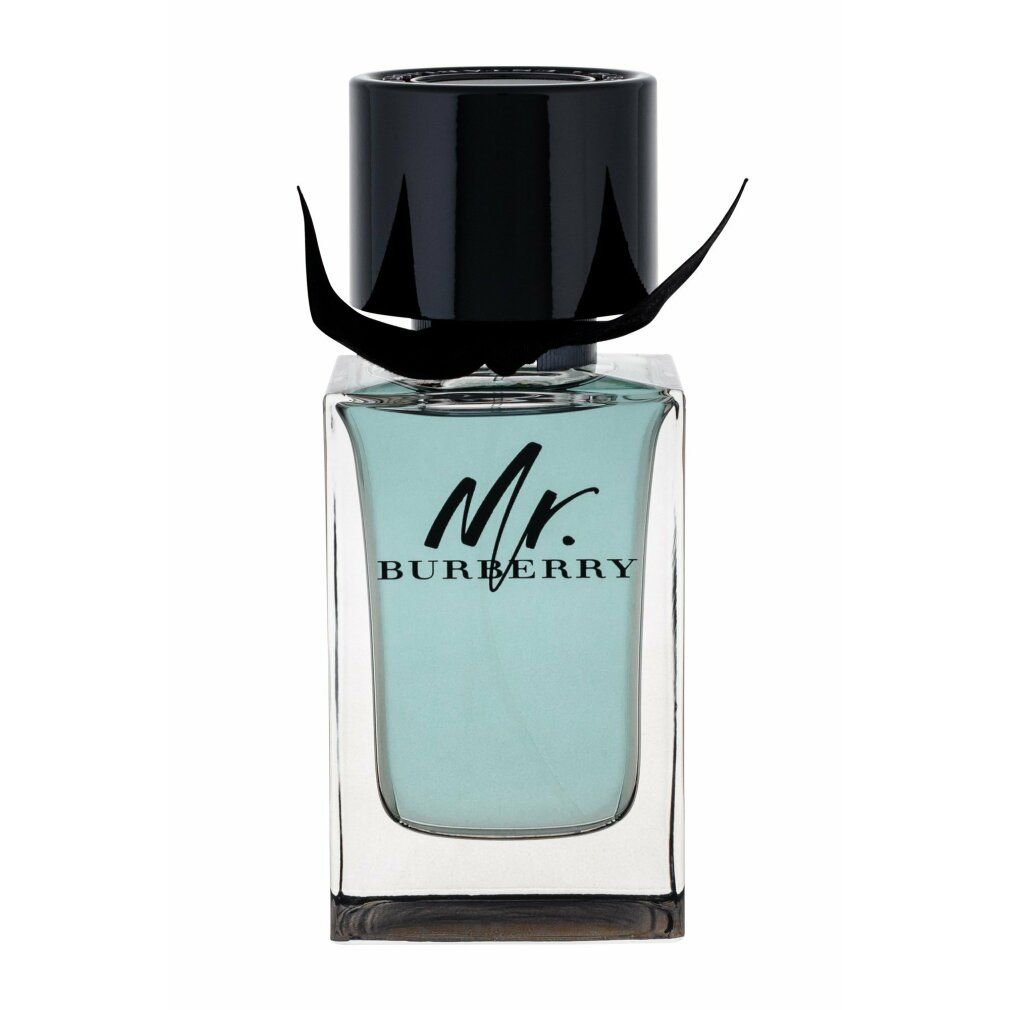 Flakon mit hellblauer Flüssigkeit. Aufschrift: Mr. BURBERRY. Schwarzer Verschluss und Schleife.