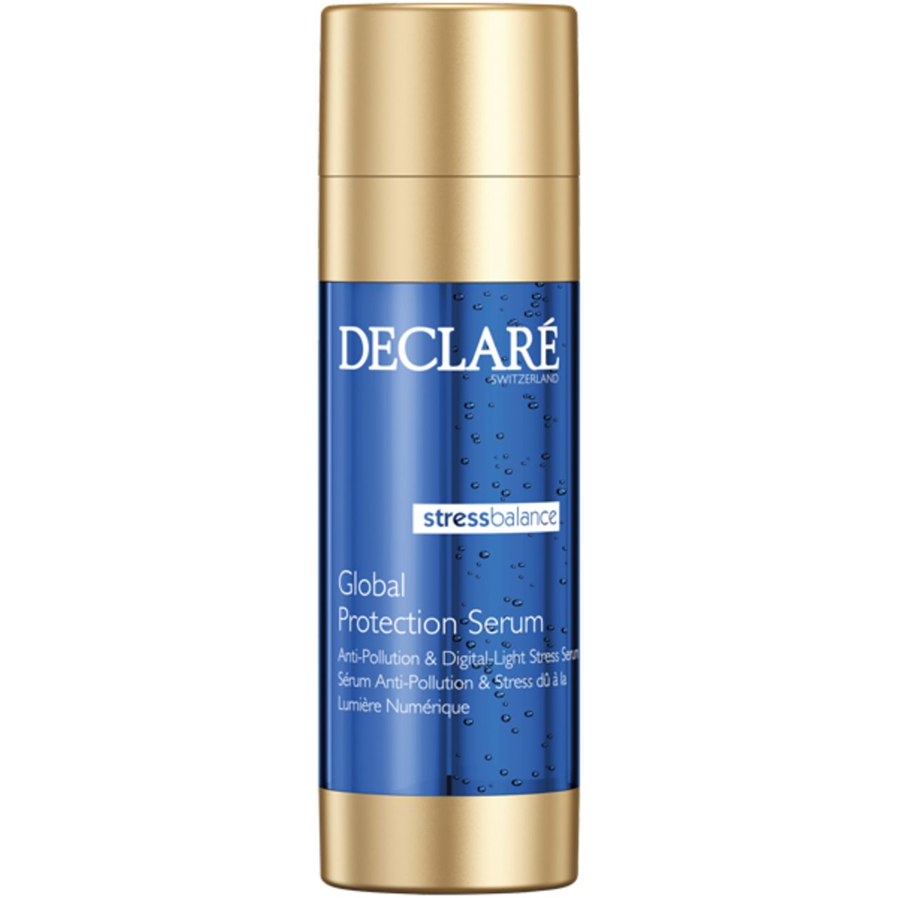 Blau-goldene Serumflasche. DECLARÉ-Logo, 'stressbalance' und 'Global Protection Serum' Schriftzug. Anti-Pollution & Digital-Light Stress Serum.