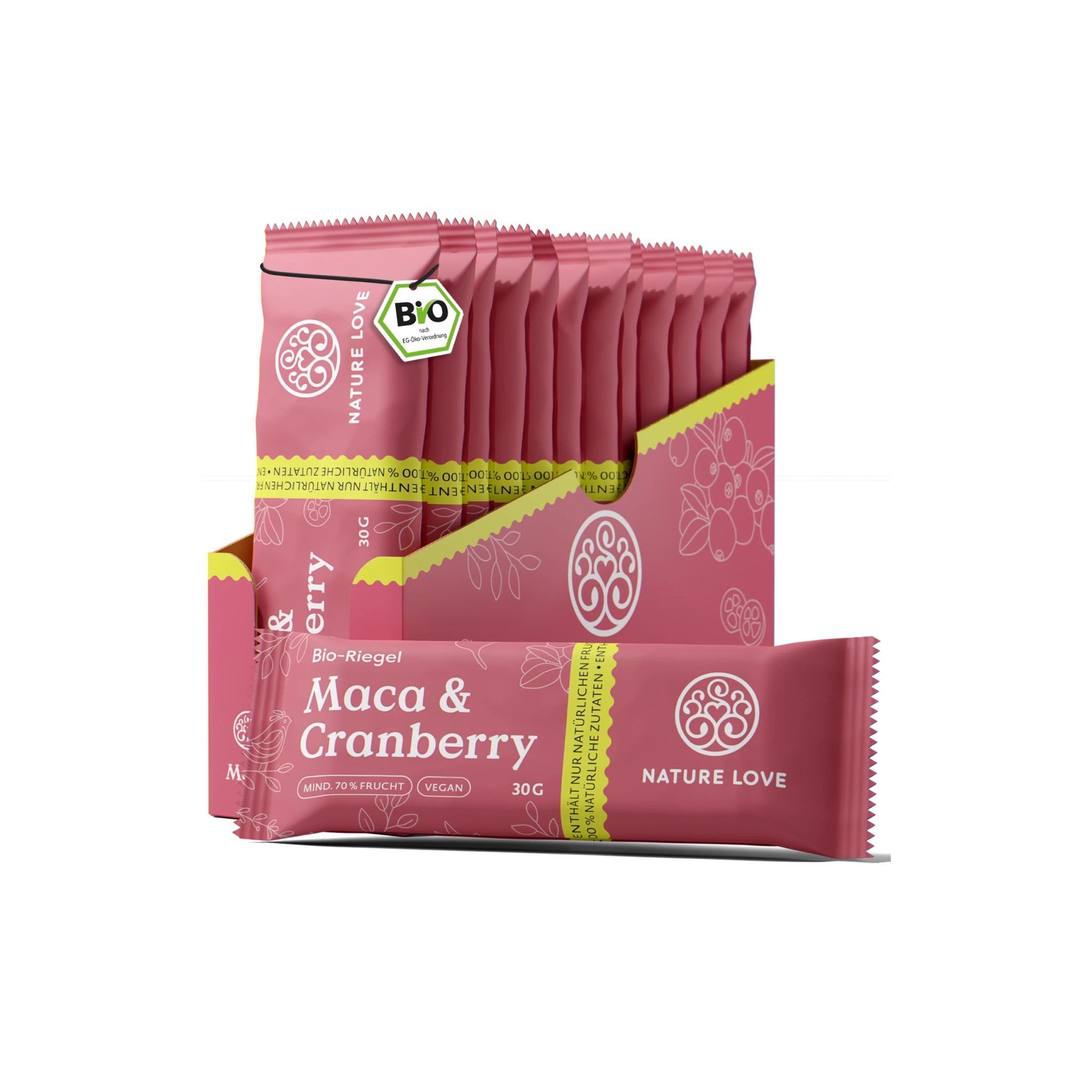 Bio-Riegel in rosa Verpackung, mit Aufdruck von NATURE LOVE, Maca & Cranberry. Einzelriegel und Displaybox mit mehreren Riegeln.