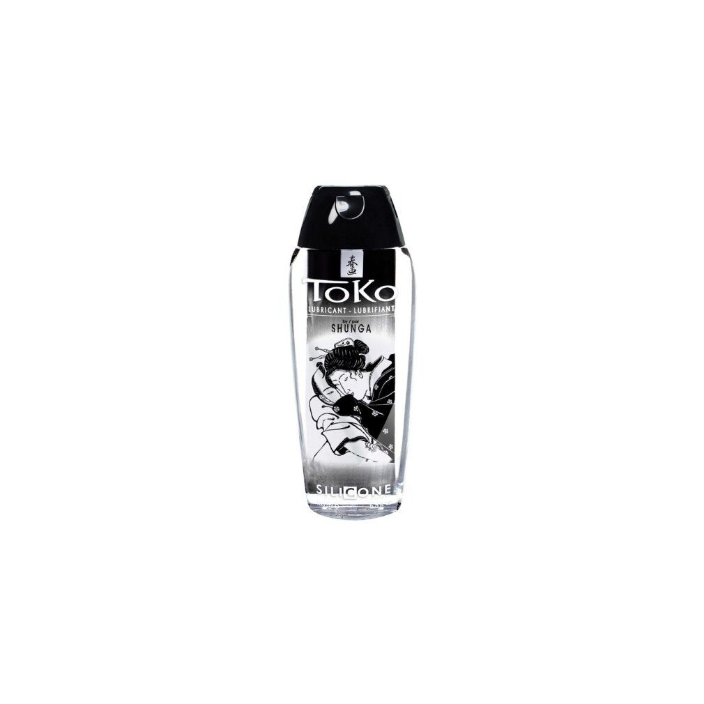 Transparente Flasche mit schwarzem Deckel. Aufdruck: TOKO, SHUNGA, Abbildung einer Frau. Aufschrift: SILICONE.