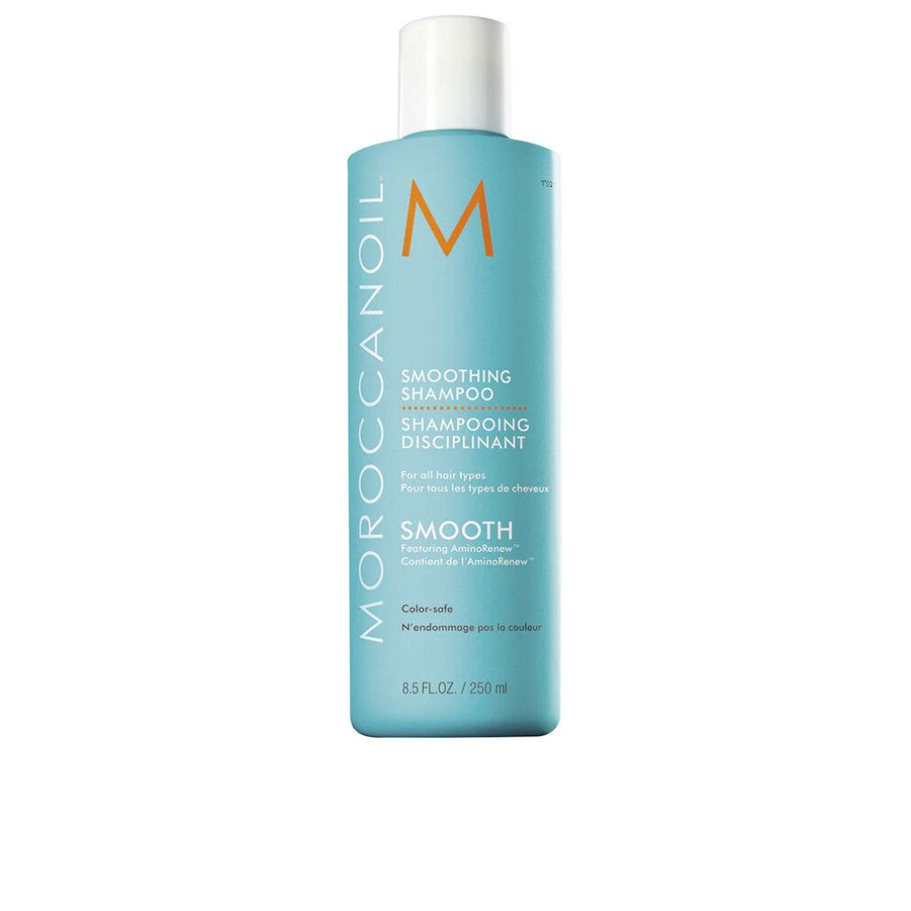 Türkisgrüne Flasche mit weißem Deckel. Moroccanoil Smoothing Shampoo. Text: Smooth, 8.5 FL.OZ./250 ml.