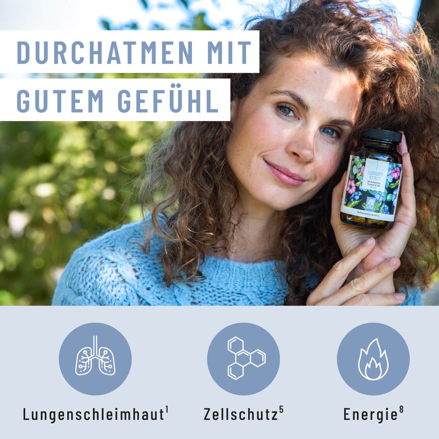 Frau hält Flasche Lungenkraut Komplex, mit Icons für Lunge, Zelle, Energie.