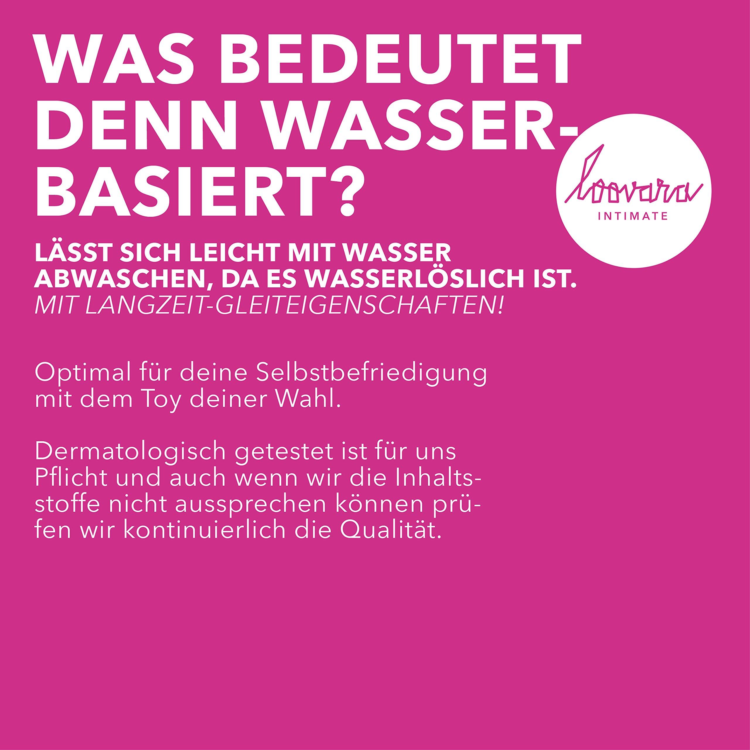 Text erklärt wasserbasiertes Gleitgel. LOOVARA Logo und Text über dermatologische Tests.