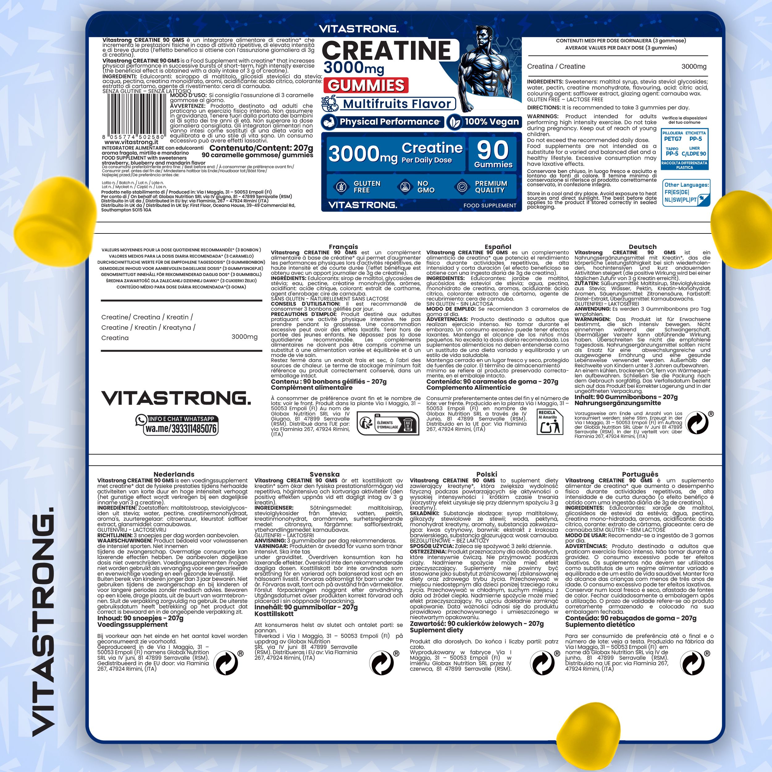 Kreatin-Gummis, Zitronen und Blätter. Text: 90 Gummis, Kraft und Ausdauer, praktisches und langlebiges Format.