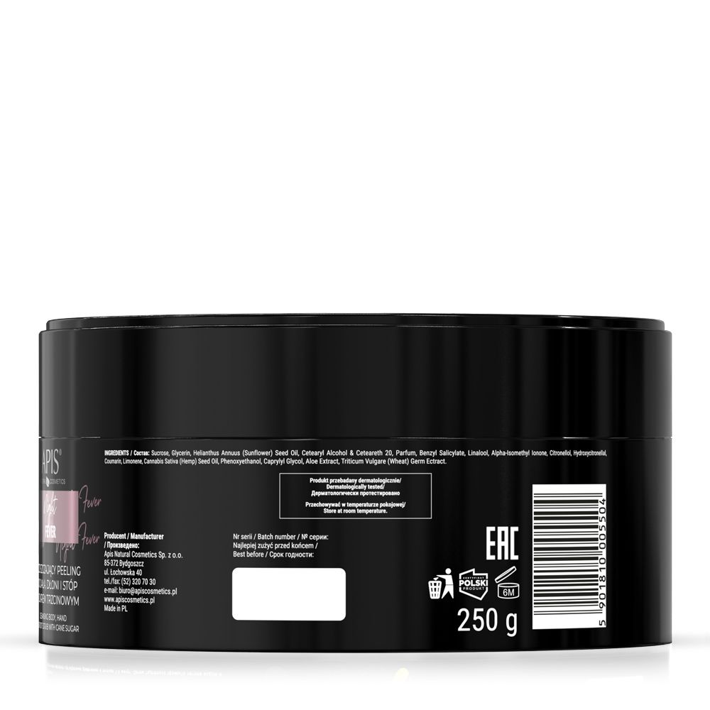 Schwarzer Tiegel mit rosa Etikett. Aufschrift: APIS, Night Fever, Peeling für Körper, Hände und Füße. Rückseite mit Inhaltsstoffen und Barcode.