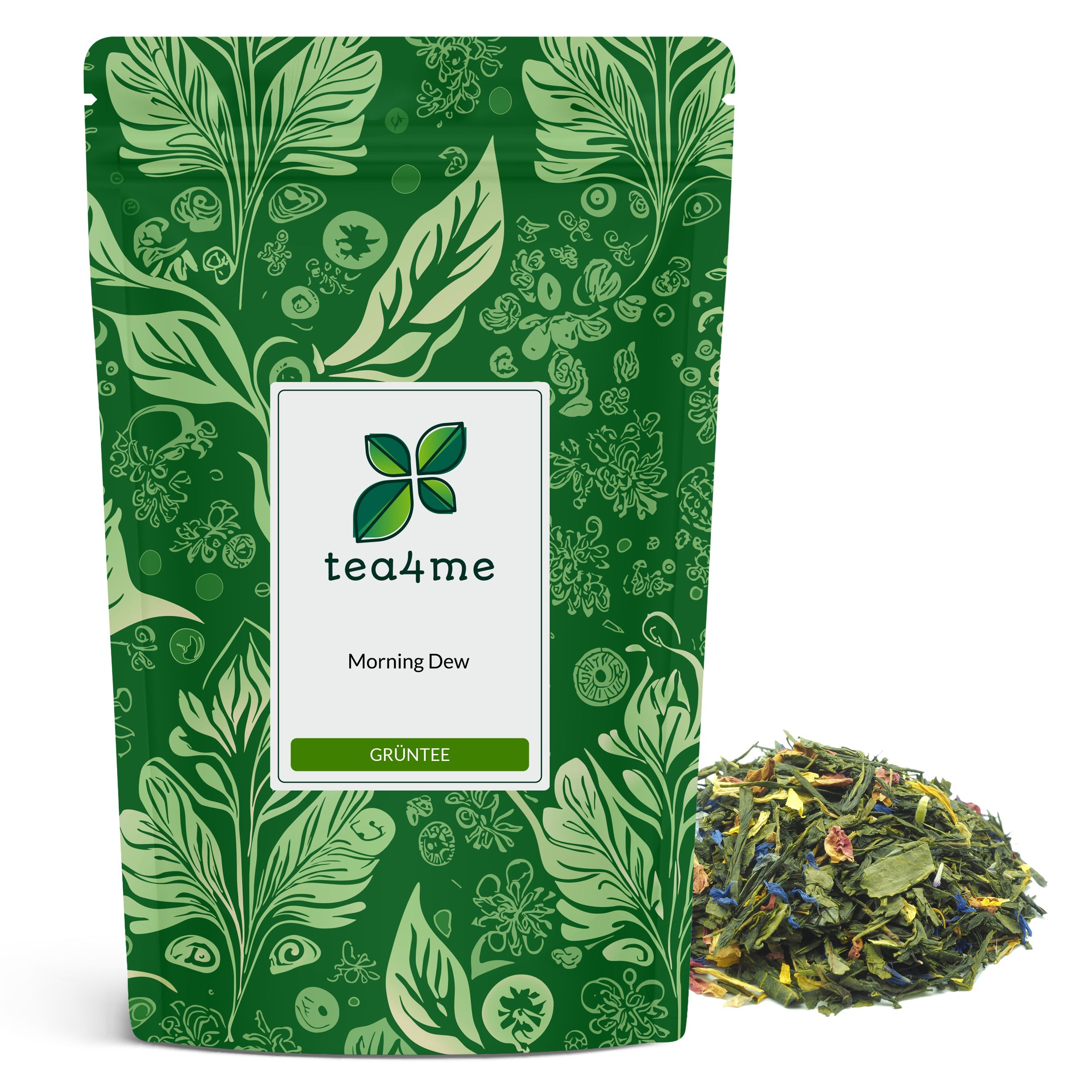Grüner Tee in Beutelverpackung. Aufdruck: tea4me, Morning Dew, Grüntee. Daneben loser Teehaufen.