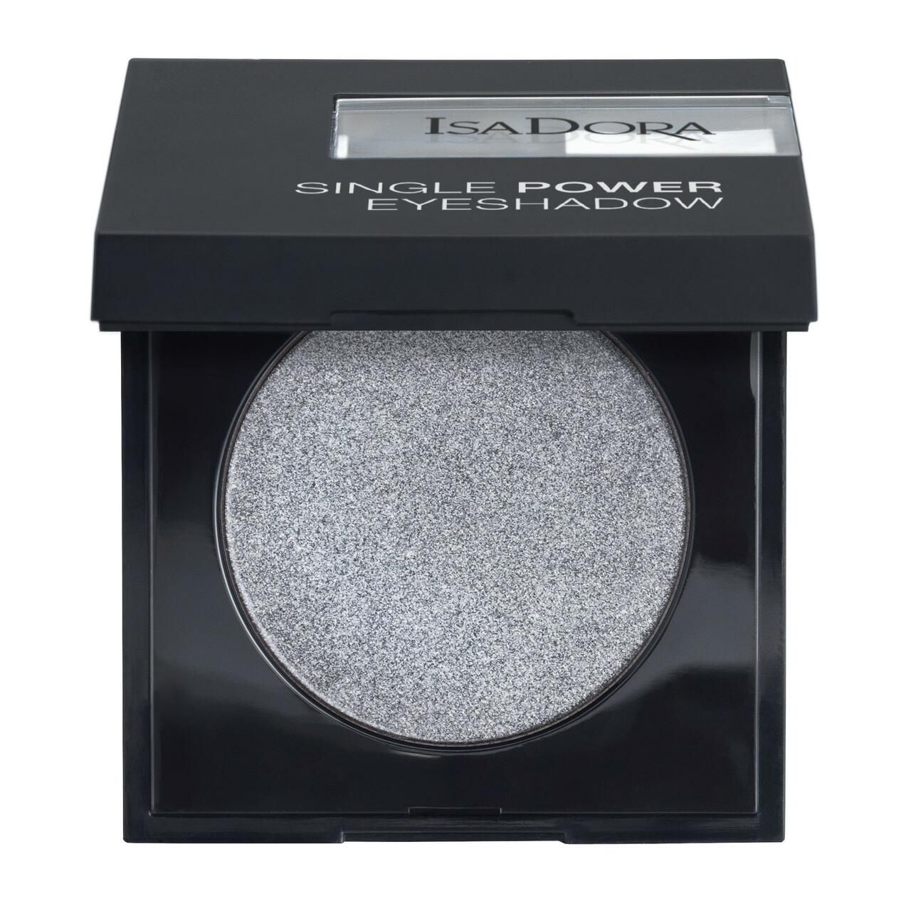 IsaDora Single Power Lidschatten. Schwarze quadratische Verpackung mit silbernem Lidschatten. Deckel mit Markennamen und Produktbezeichnung.