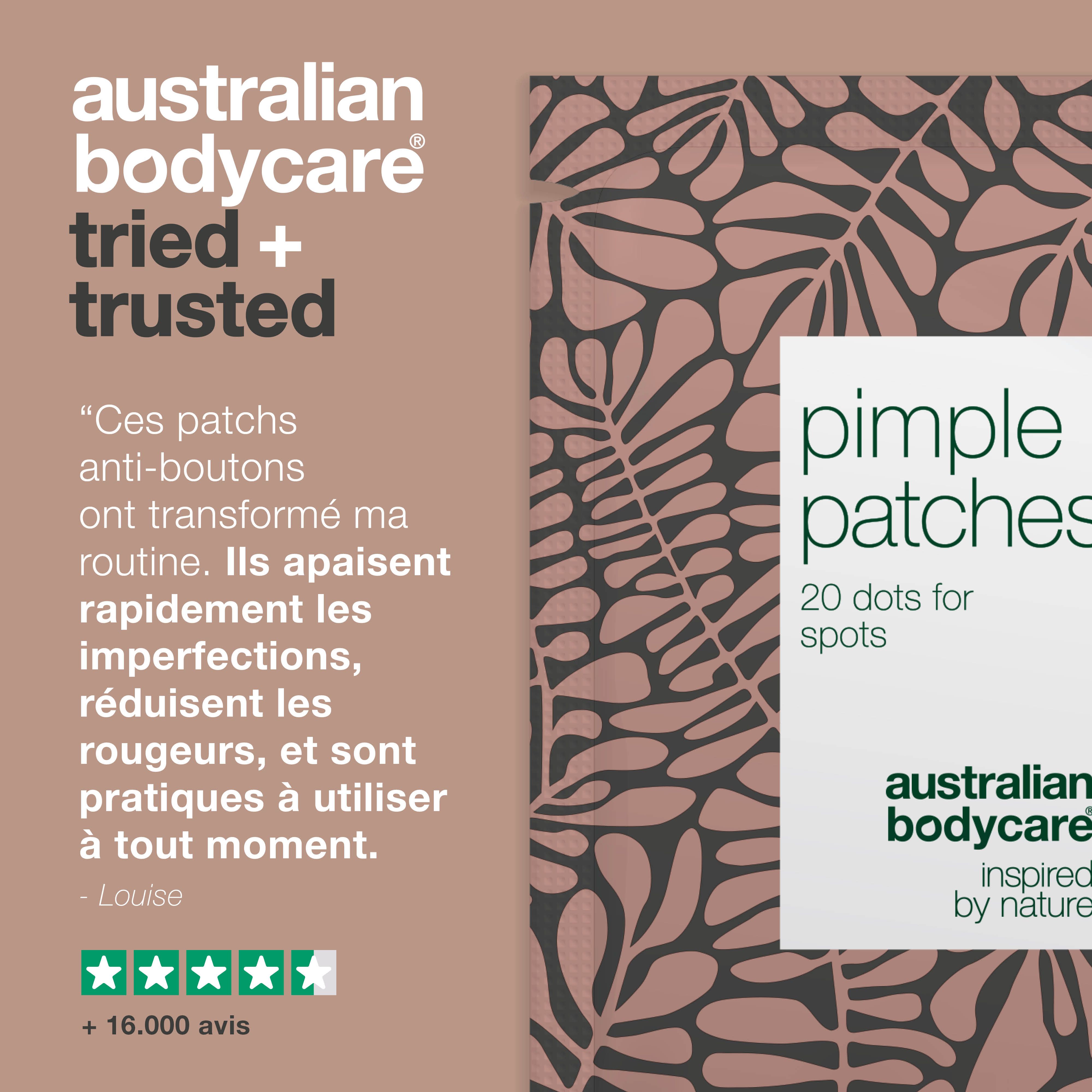 Emballage de patchs anti-boutons. Texte : Pimple Patches, 20 dots for spots, Australian Bodycare.