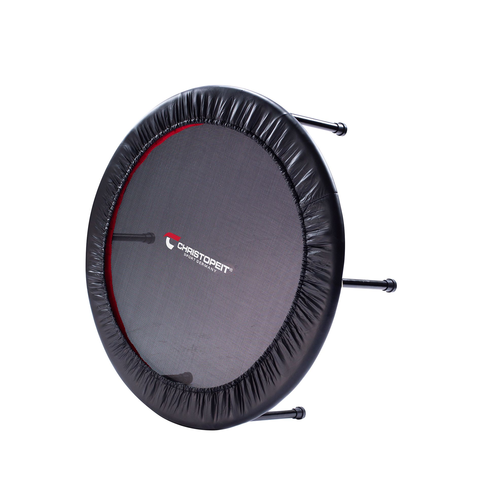 Schwarzes Trampolin, roter Rand. Schwarzer Rand. CHRISTOPEIT SPORT Logo.