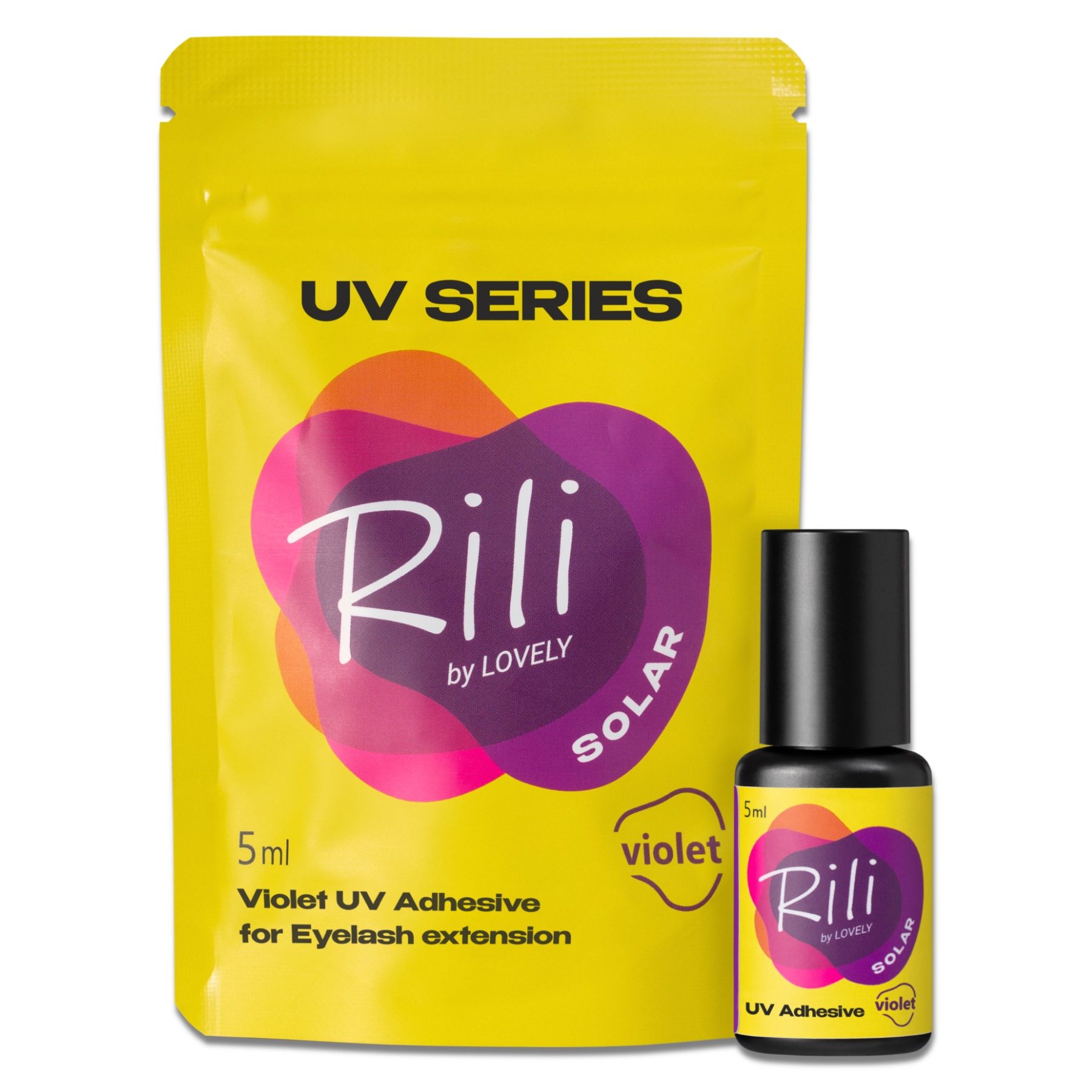 Eine Flasche und ein Beutel UV-Kleber. Text: Rili by LOVELY SOLAR. Violett UV Adhesive for Eyelash extension.