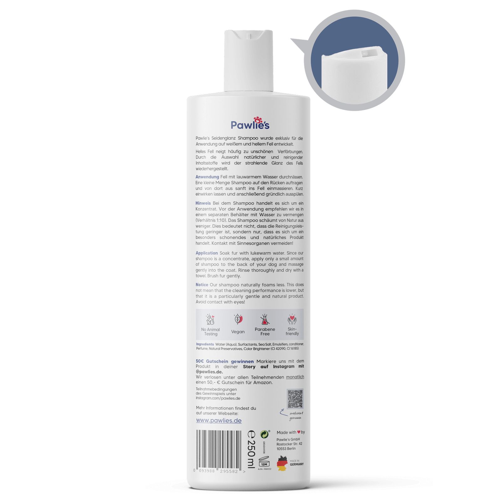 Rückseite einer weißen Flasche Pawlie's Hundeshampoo. Text und QR-Code. Abbildung des Flaschenverschlusses. Aufschrift: E 250ml. Hergestellt in Deutschland.