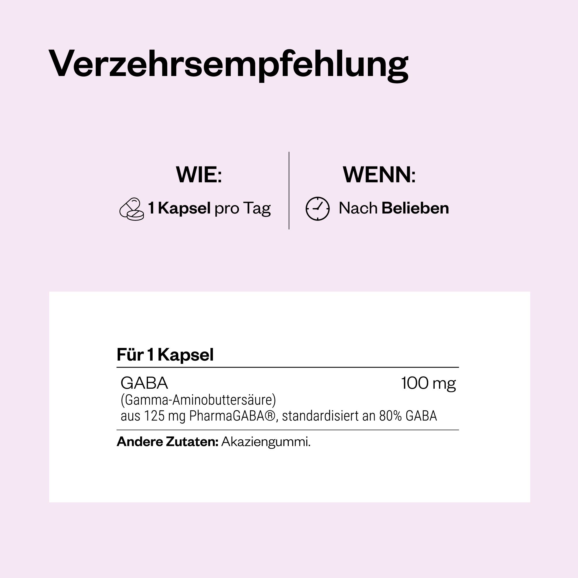 Text auf rosa Hintergrund. Dosierung: 1 Kapsel pro Tag. Enthält GABA, Akaziengummi. Nährwertangaben.