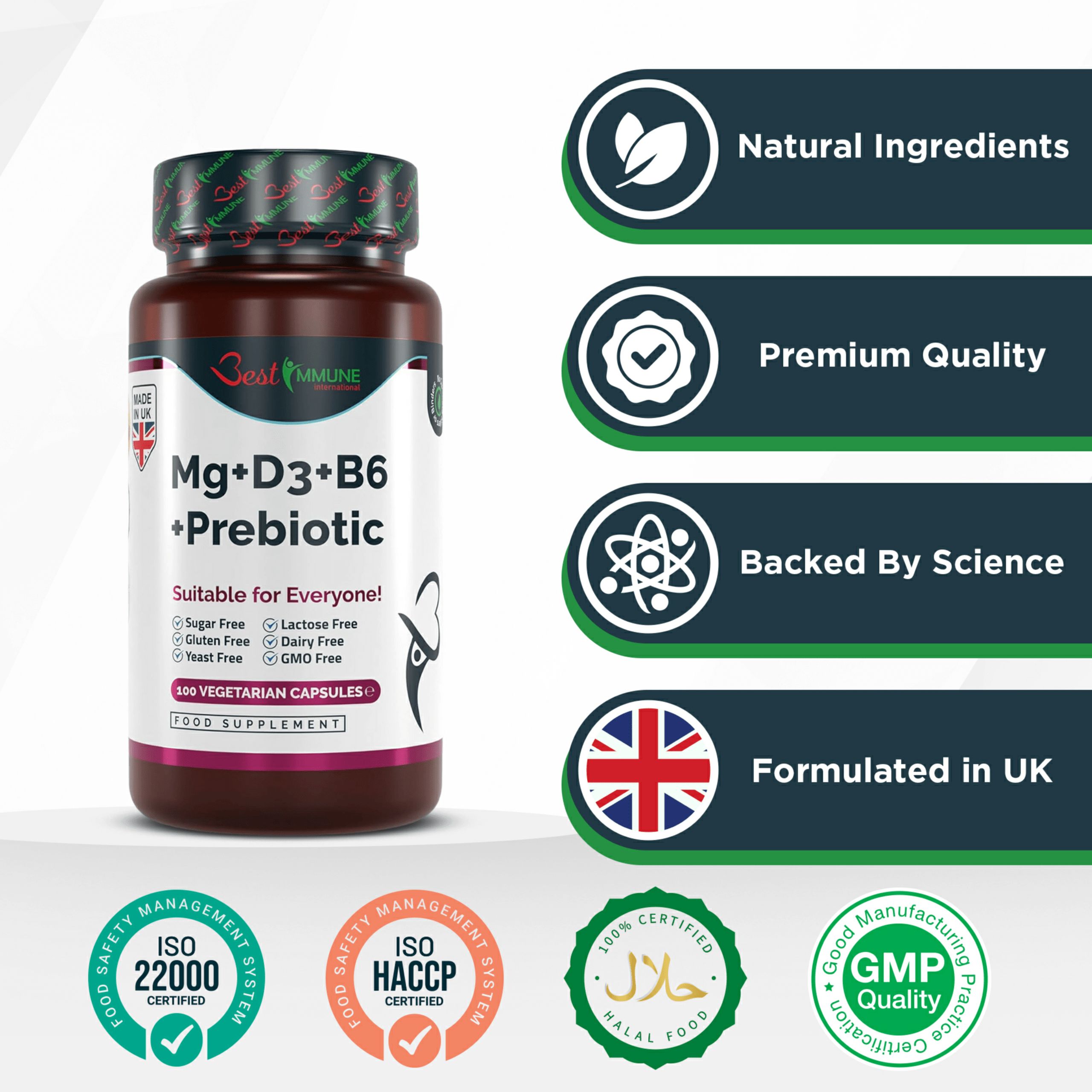 Best Immune Magnesiumlaktat Präbiotischer Komplex mit Vitamin B6, D3 und Inulin