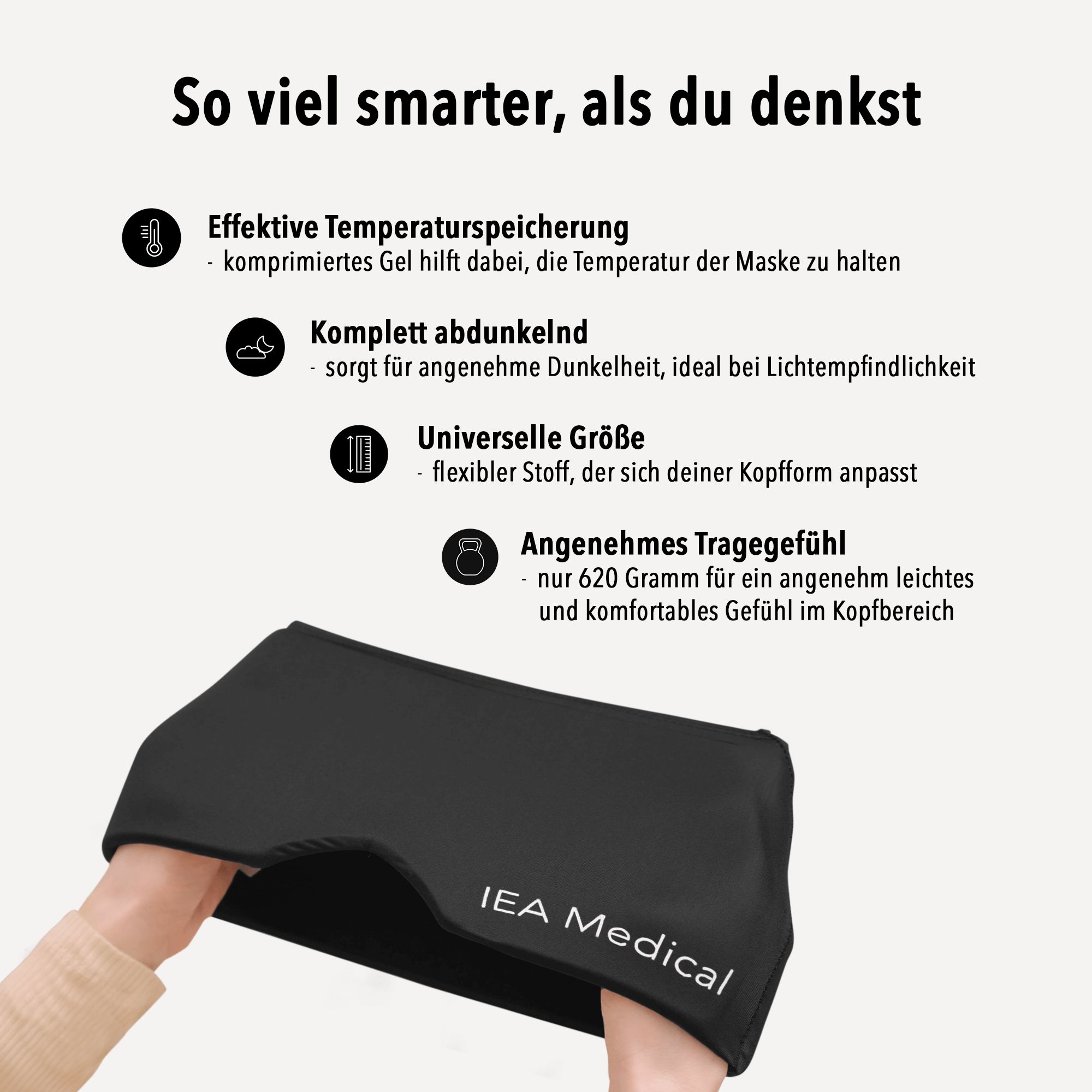 Schwarze IEA Medical Migränemaske, flexibler Stoff, universelle Größe.