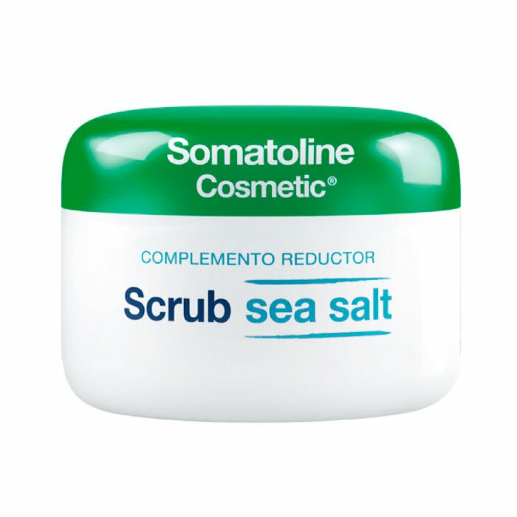 Weißes Tiegel mit grünem Deckel. Aufschrift: Scrub sea salt. Marke: Somatoline Cosmetic.