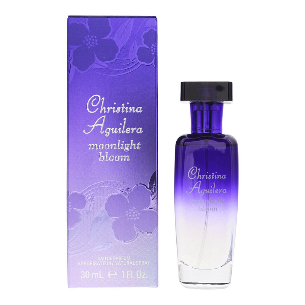 Flacone di profumo e scatola. Flacone sfumato, scritta: Christina Aguilera, bloom. Scatola con motivo floreale.