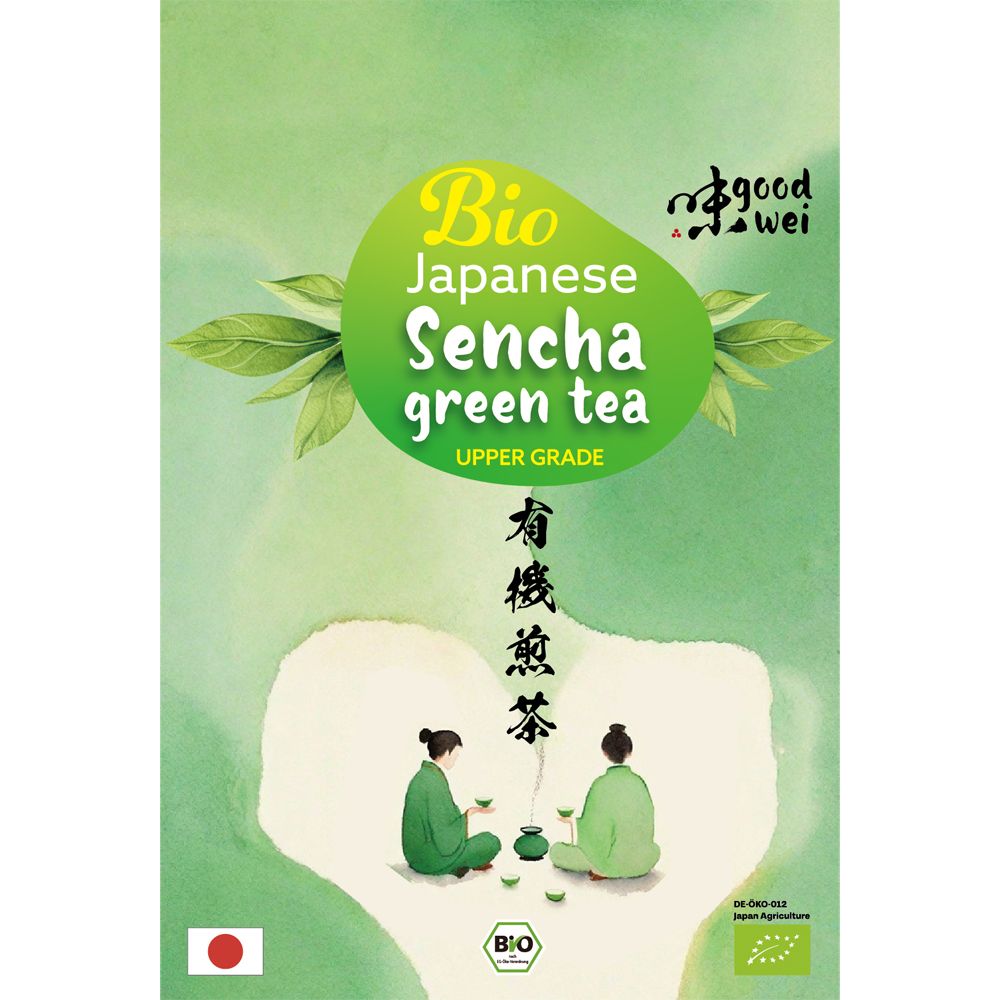 Verpackung von Goodwei Bio Japanese Sencha Grüntee. Grün und weiß, mit japanischen Schriftzeichen und Illustrationen.