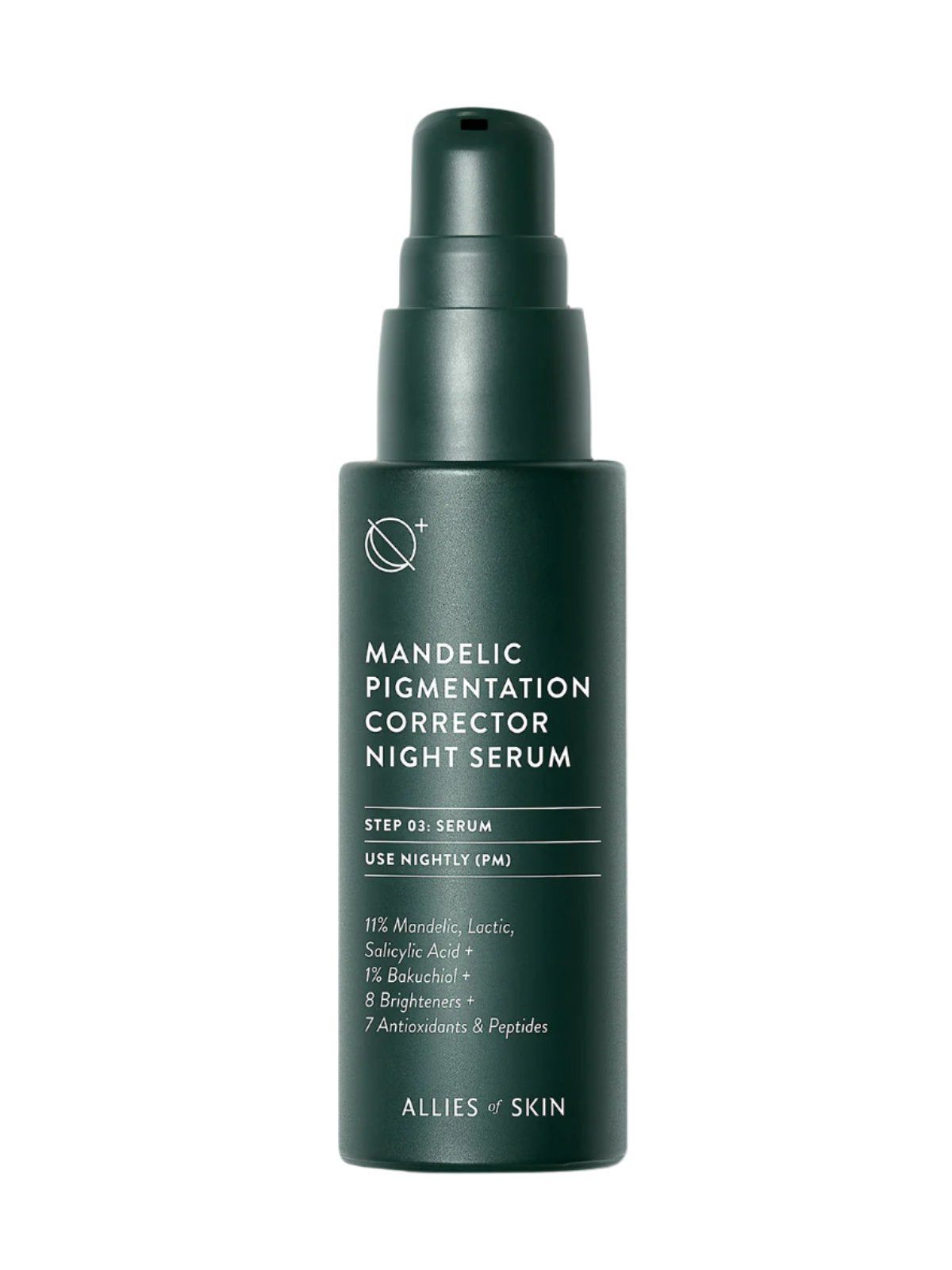 Grüne Flasche mit Serum. Aufschrift: Mandelic Pigmentation Corrector Night Serum. Marke: ALLIES OF SKIN.
